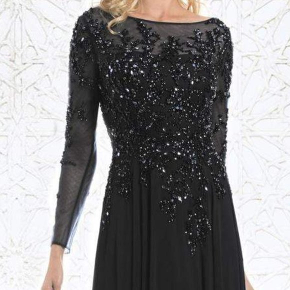 FerianiCouture Long Sleeve Beaded Illusion A-Line Evening Gown - Picture 3 of 6